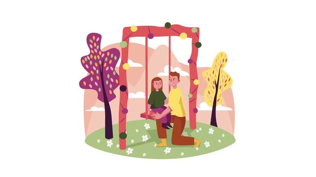 Animated family playing on a swing in a colorful autumn park scene