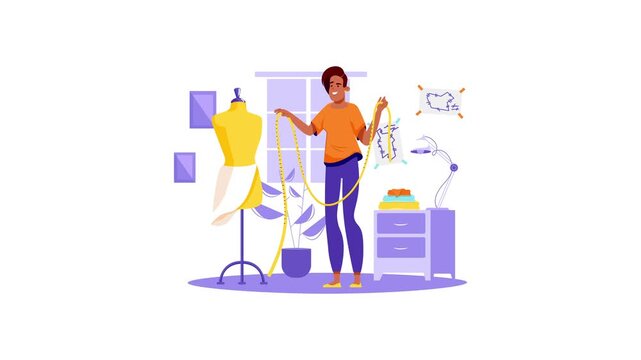 Animated fashion designer measuring mannequin with tape in sewing studio