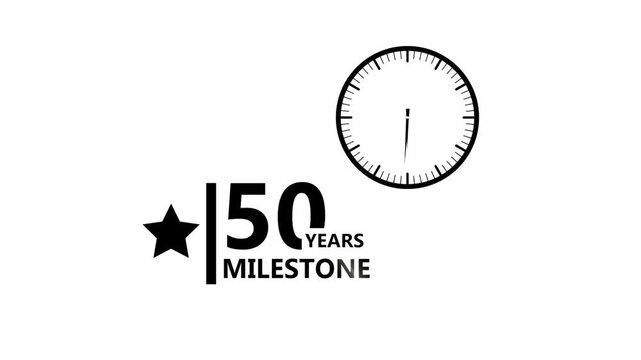 50 years celebration minimal black typography with clock icon and star symbol on white background representing corporate milestone achievement clean modern design 4K black background visuals