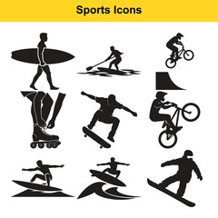 Obraz premium Collection of black silhouette icons depicting various extreme sports and leisure activities like surfing, skateboarding, biking, and snowboarding.