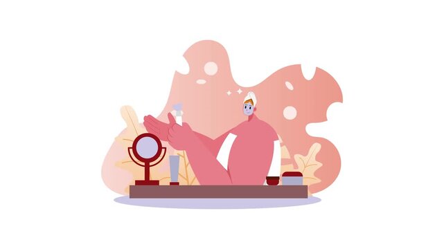 Animated woman applying makeup at vanity with mirror and cosmetic tools