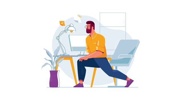 Animated man working at modern office desk with computer and plant