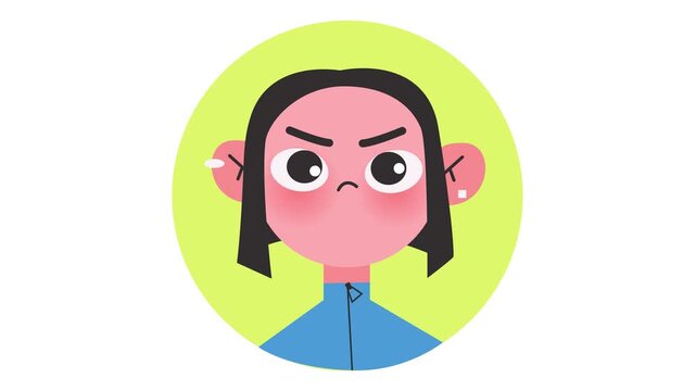 Angry cartoon girl avatar animation with stern expression in green circle