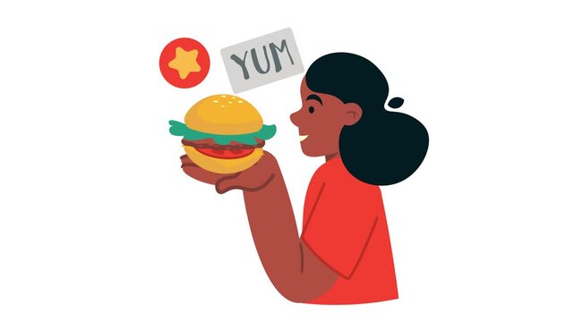 Cartoon young woman enjoying burger with YUM sign in flat animation