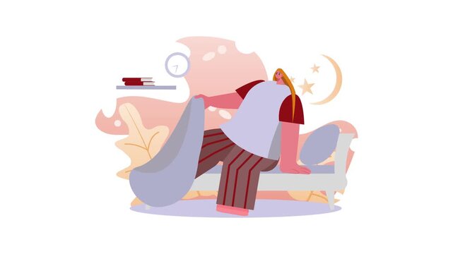 Sleepless woman sitting on bed at night with moon, stars and clock animation