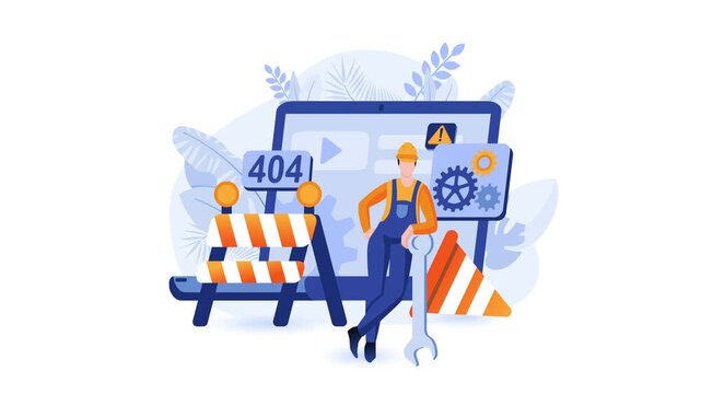 Animated website maintenance concept with 404 error and technician