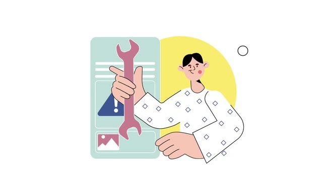 Animated developer fixing mobile app interface with wrench and alert icon