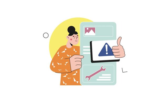 Animated woman reviewing website dashboard with warning and approval icons