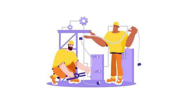 Animated electricians handling cables at industrial power equipment