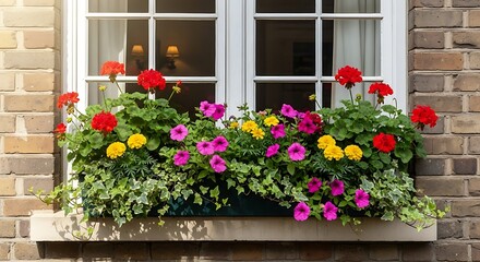 Fototapeta premium Window Box Blooming with Colorful Flowers and Greenery.