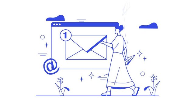Animated woman sending email from browser window with paper plane