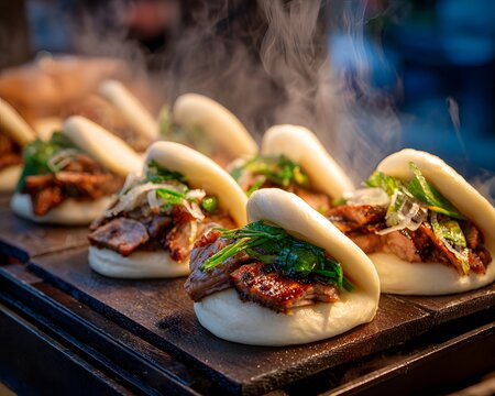 Freshly steamed gua bao buns filled with savory grilled pork belly and crisp green herbs resting on a hot dark griddle platter under warm atmospheric lighting at a street market