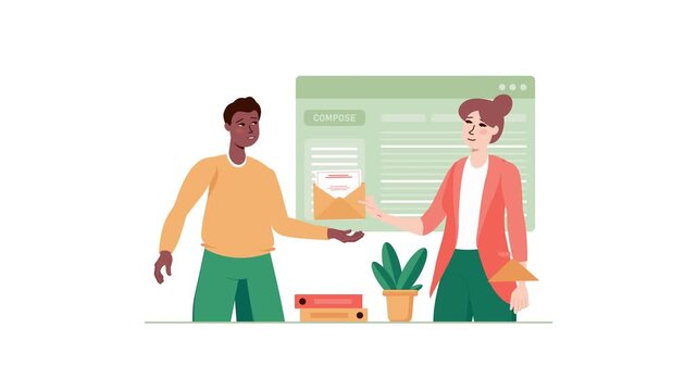 Flat animation of two people exchanging mail beside compose window