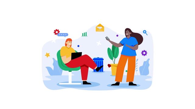 Flat vector illustration of women chatting online in modern workspace