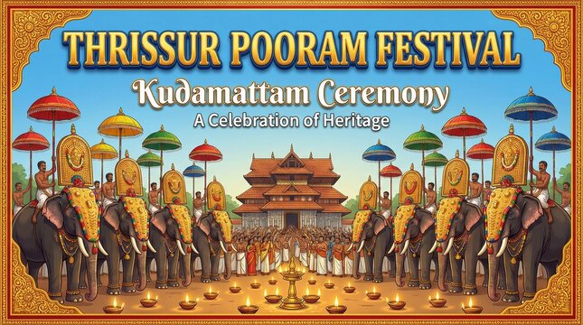 Thrissur Pooram is a grand Kerala temple festival known for decorated elephants, colorful parasols, temple rituals, and spectacular fireworks.