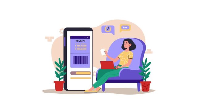 Animated woman using laptop with smartphone receipt for online payment