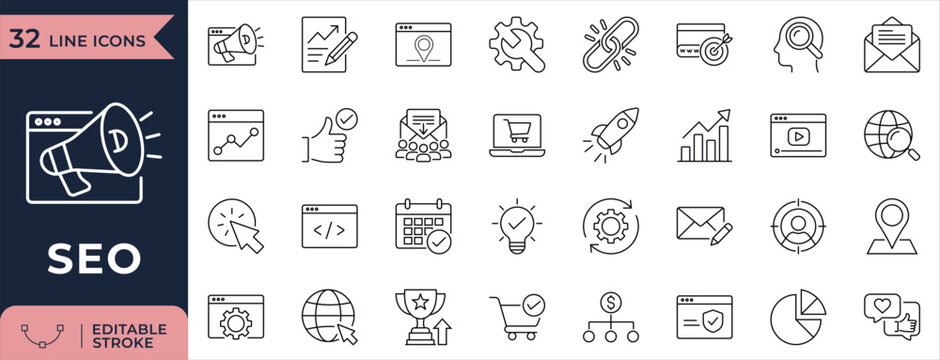 SEO marketing, website analytics and optimization outline icon set for UI
