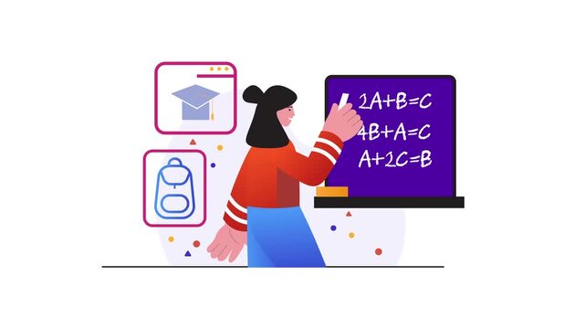Female student solving math equations at chalkboard in vector animation