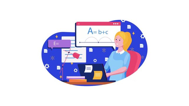 Online education animation with female student learning math on laptop