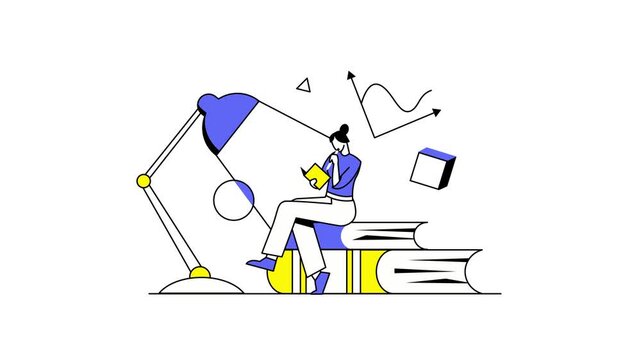 Animated woman reading on stack of books beside lamp and growth chart