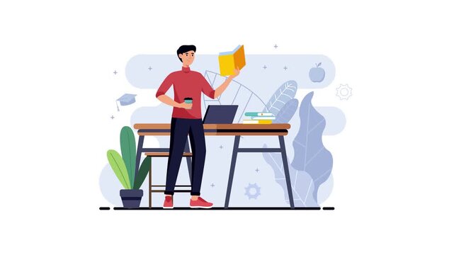 Young man studying at desk with laptop and books, vector animation