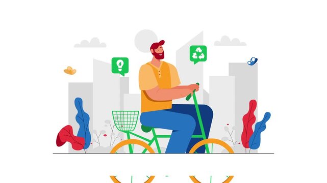 Eco-friendly man riding bicycle in city with recycling icons animation