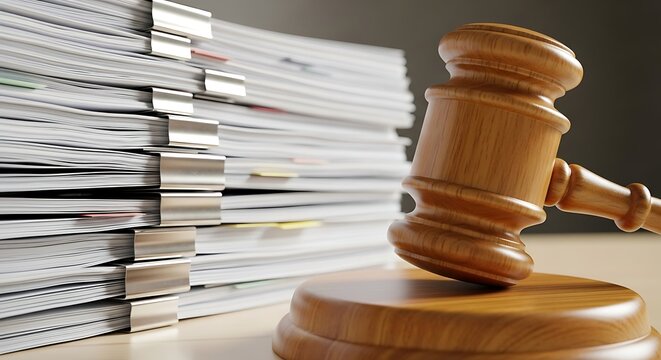 A wooden gavel resting on a block beside a large stack of papers