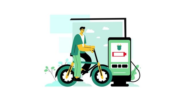 Flat vector illustration of cyclist charging electric bike with smartphone app