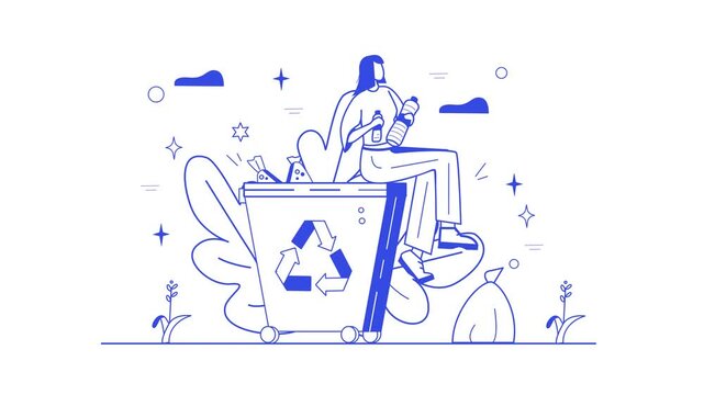 Woman sorting plastic bottles on recycling bin, eco recycling animation