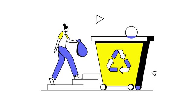 Animated woman placing trash bag into yellow recycling bin illustration