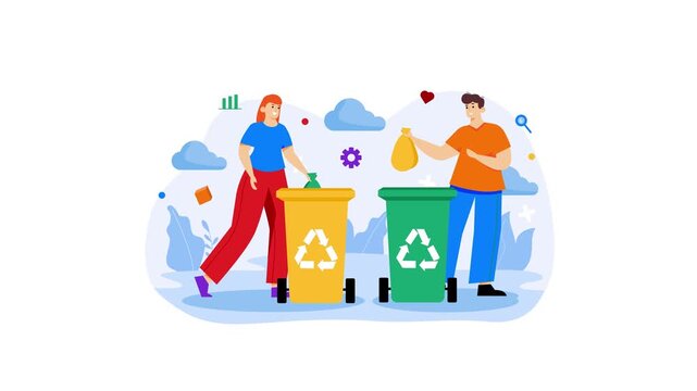 Flat vector animation of people sorting waste into recycling bins