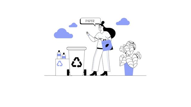 Minimalist animation of woman sorting paper waste beside recycling bins