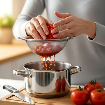 Tomato Puree Preparation - Straining Fresh Tomatoes for Cooking.