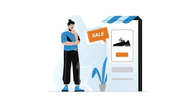 Online shopping animation of man browsing shoe sale storefront illustration