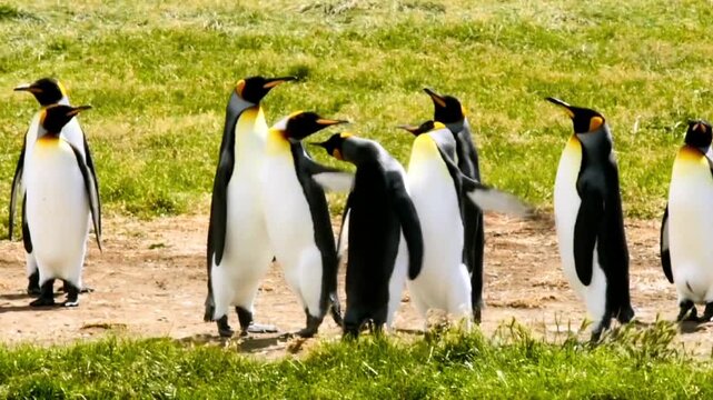 A small group of magnificent King penguins stands on a lush green field, with one penguin appearing to vocalize or interact animatedly with its companions.
