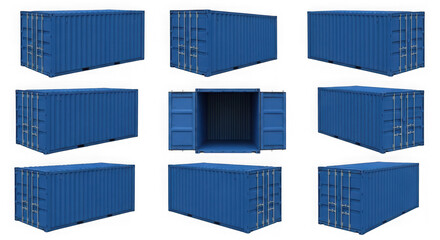 Blue shipping containers various angles and an open one isolated on transparent background