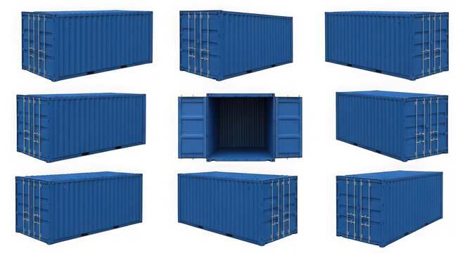 Blue shipping containers various angles and an open one isolated on transparent background