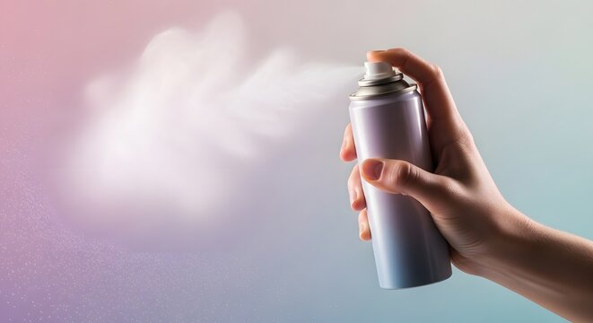 Close-up of a hand spraying an aerosol can onto another hand. White mist or spray cloud against a neutral background. Concept of hygiene, skincare, or cosmetic application