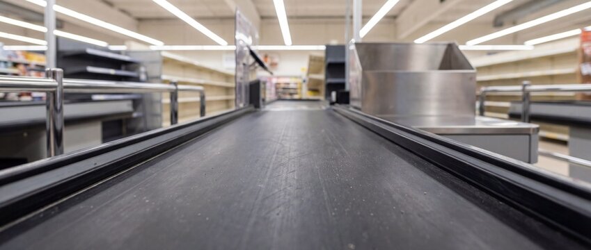 Empty supermarket checkout conveyor belt with aisles in the background, representing an empty retail space