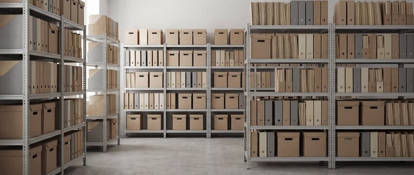 Organized Storage Shelving Unit Filled With Files and Boxes in a Room for Archiving Documents
