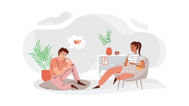 Couple chatting at home in cozy living room flat vector animation
