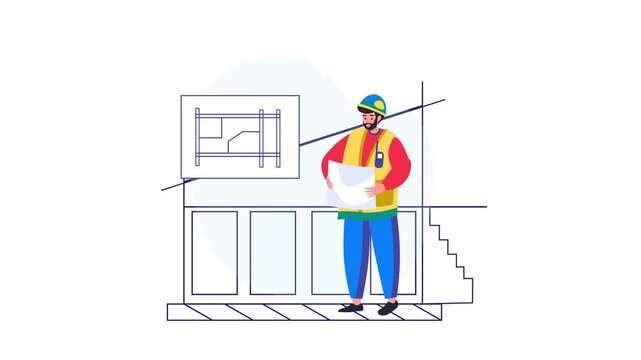 Animated construction worker holding blueprint beside building frame