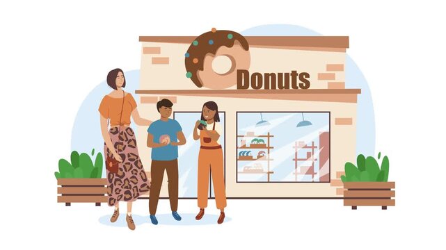Animated diverse friends outside donut shop with giant donut sign