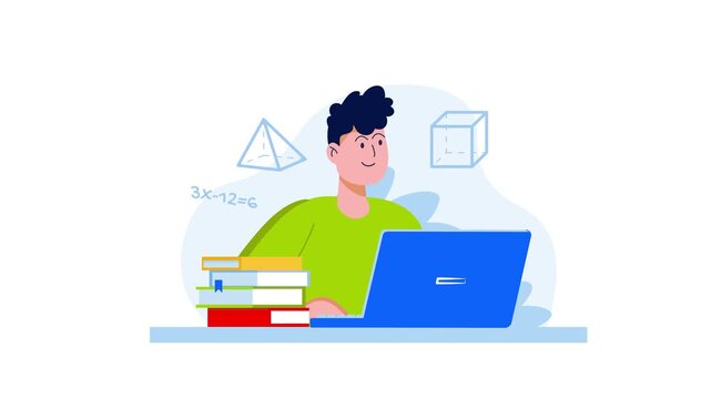 Animated student studying math online with laptop, books and geometry