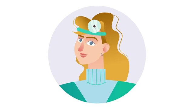 Animated female doctor with head mirror in flat vector portrait