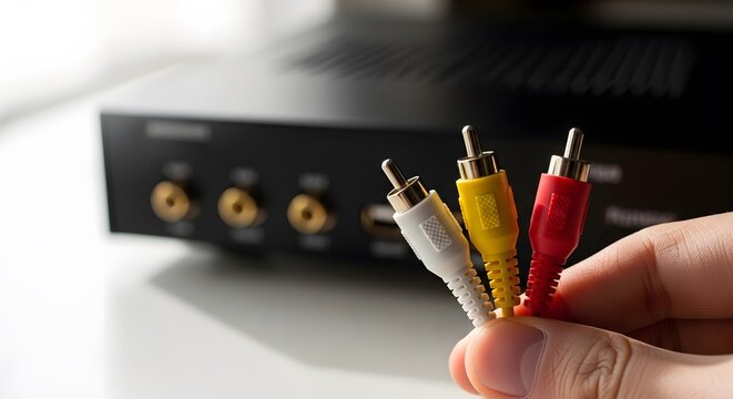A close up view of a hand holding three colourful rca composite video and audio cables for setup.