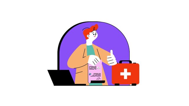 Animated healthcare worker offering telemedicine support with medical icons