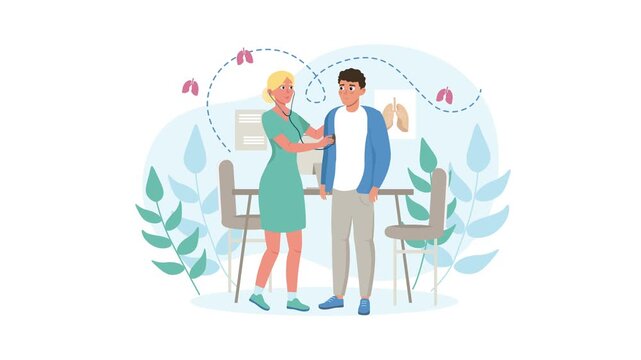 Female doctor examining young man&rsquo;s lungs in modern clinic illustration