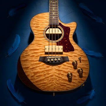 Electric acoustic guitar with blue feathers on dark background