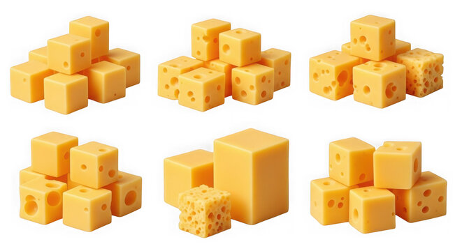 Various cheese cubes and blocks isolated on transparent background